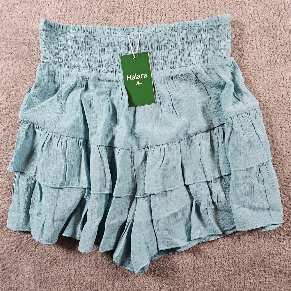 Halara Womens Smocked Tiered Ruffle Mini Skort Dusty Blue Textured Size M NEW‎